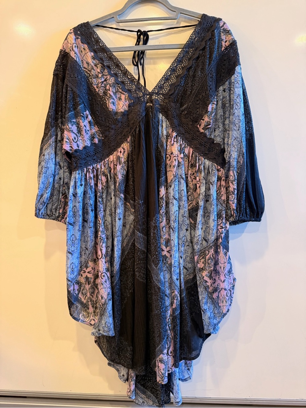 Free People Bohemian Flowy Lace-Trim Floral Dress/Long Top in Black and Pink